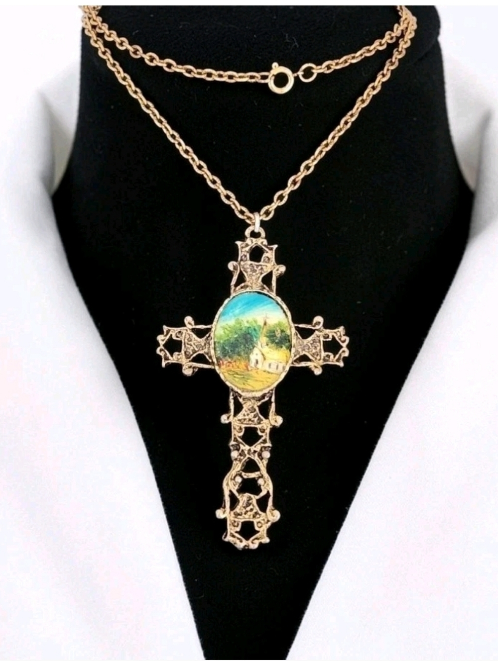 Vintage Ornate Cross Pendant Painted Church Scene Gold Tone 24" Chain Necklace